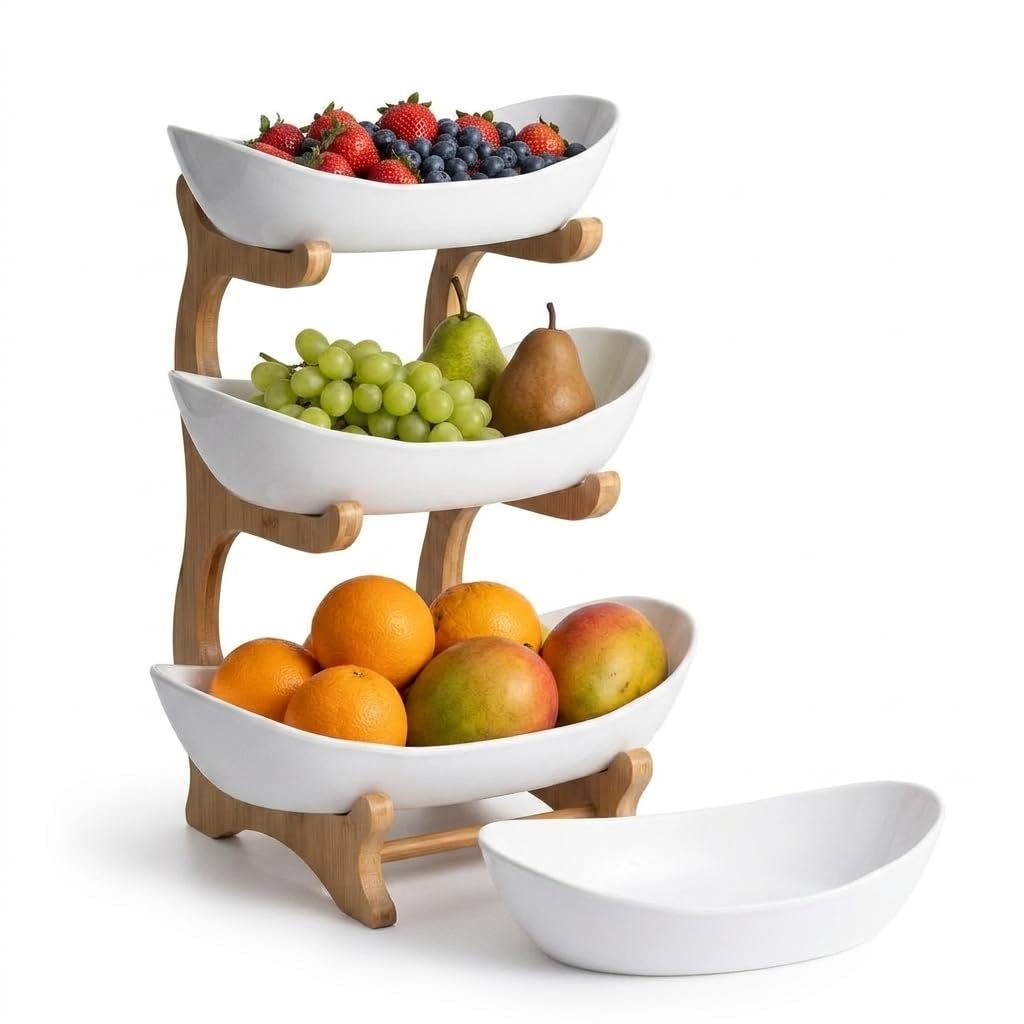 3-Tier Plastic Fruit Bowl Stand with Bamboo Frame L70357