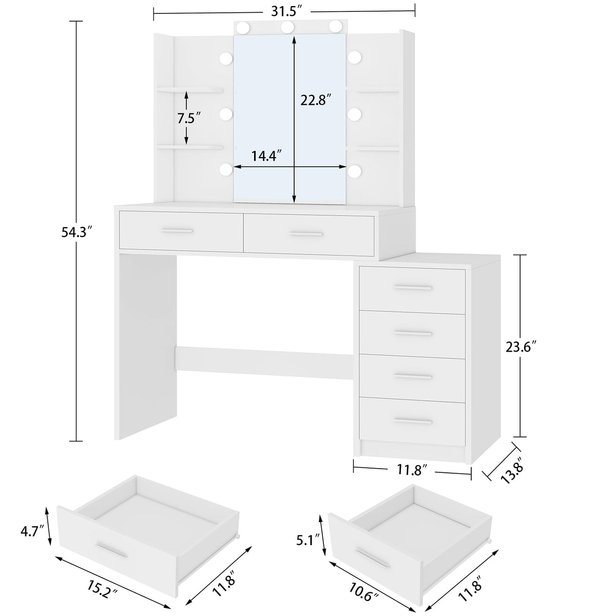 41.3" White Vanity Desk with Mirror and 9 LED Lights G7997