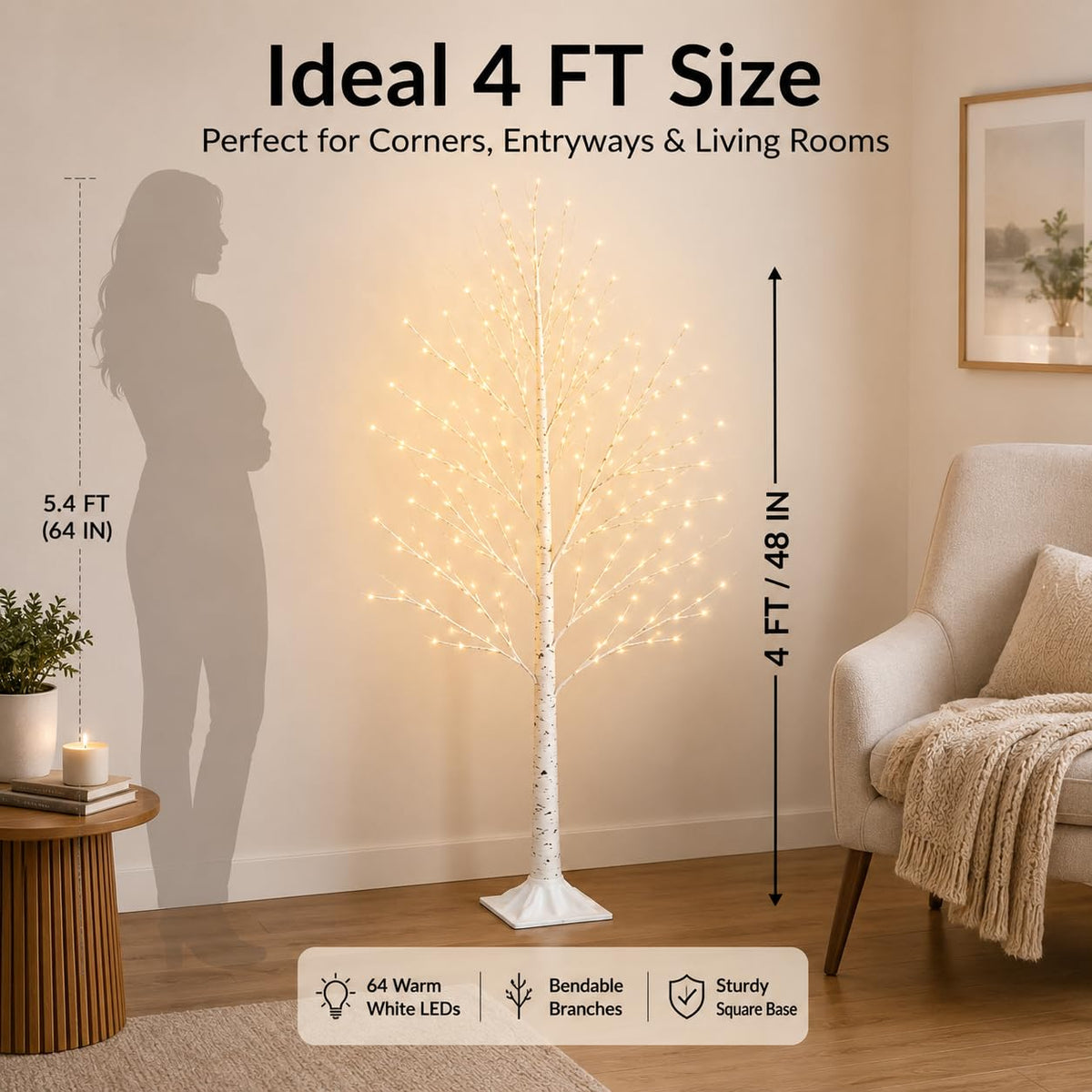 4FT 64 LEDs Birch Tree with Lights M849