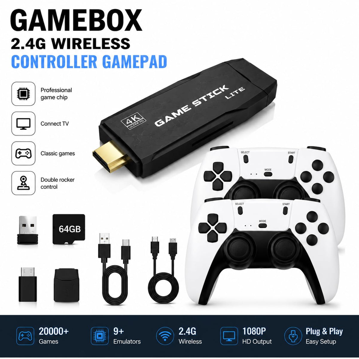 Wireless Retro Game Console with 2 Black Controllers Y7416