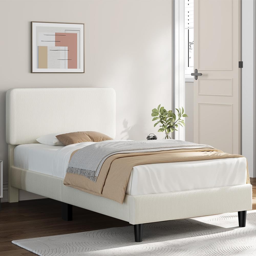 Twin Bed Frame with Adjustable Chenille Upholstered Headboard, Beige F357450