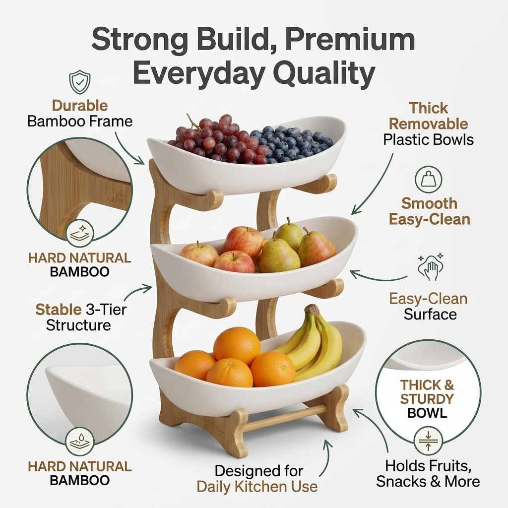 3-Tier Plastic Fruit Bowl Stand with Bamboo Frame L70357