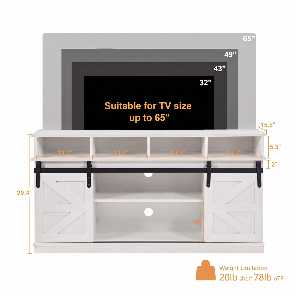 White Farmhouse TV Stand with Sliding Barn Doors H55489