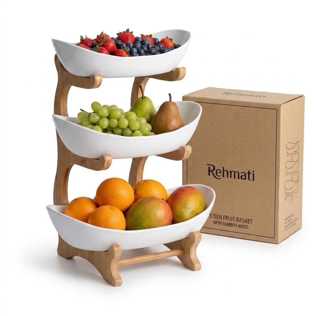 3-Tier Plastic Fruit Bowl Stand with Bamboo Frame L70357