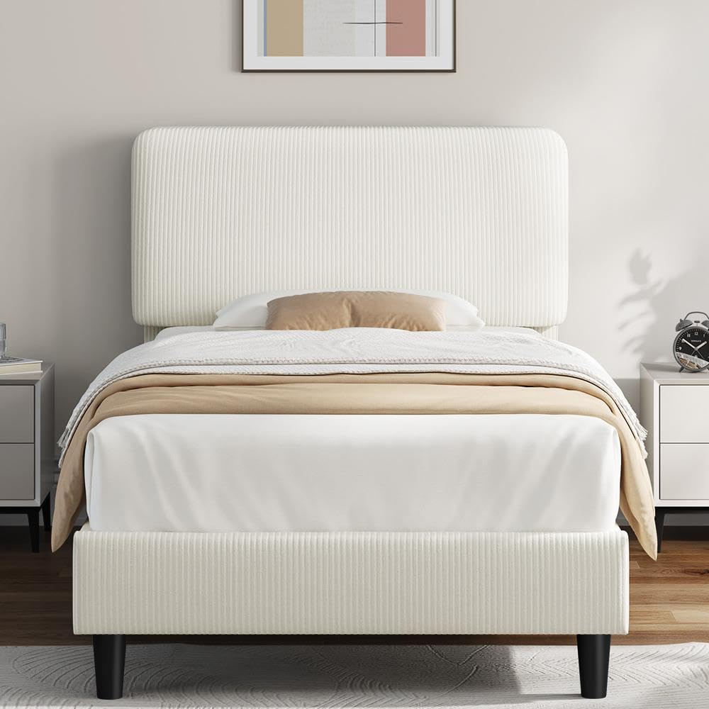 Twin Bed Frame with Adjustable Chenille Upholstered Headboard, Beige F357450