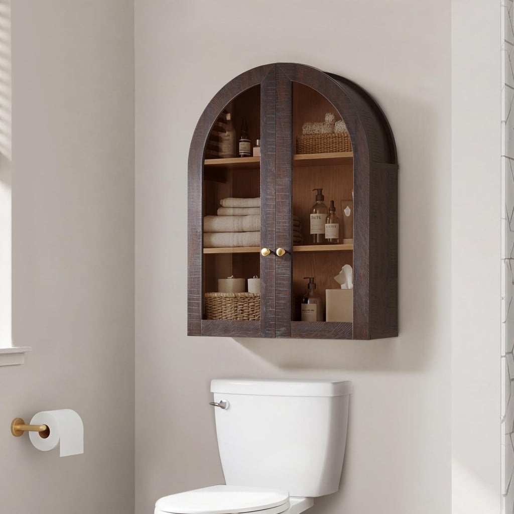Arched Wall Cabinet with Glass Doors & Adjustable Shelves, 23.5×31.4 Inch X66524