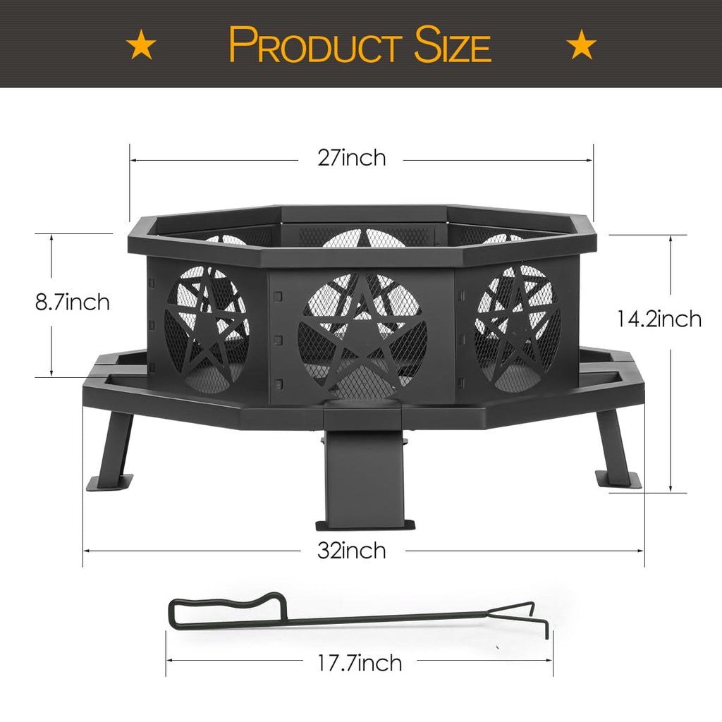 32 Inch Octagonal Fire Pit with Fire Poker Black V555