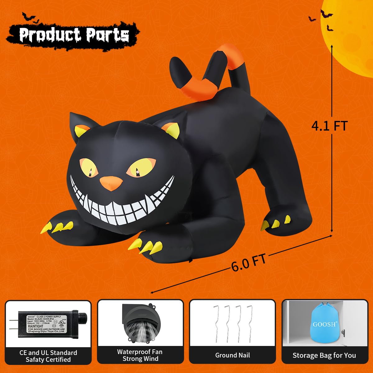 6 FT Halloween Inflatable Black Cat with LED Lights L375009