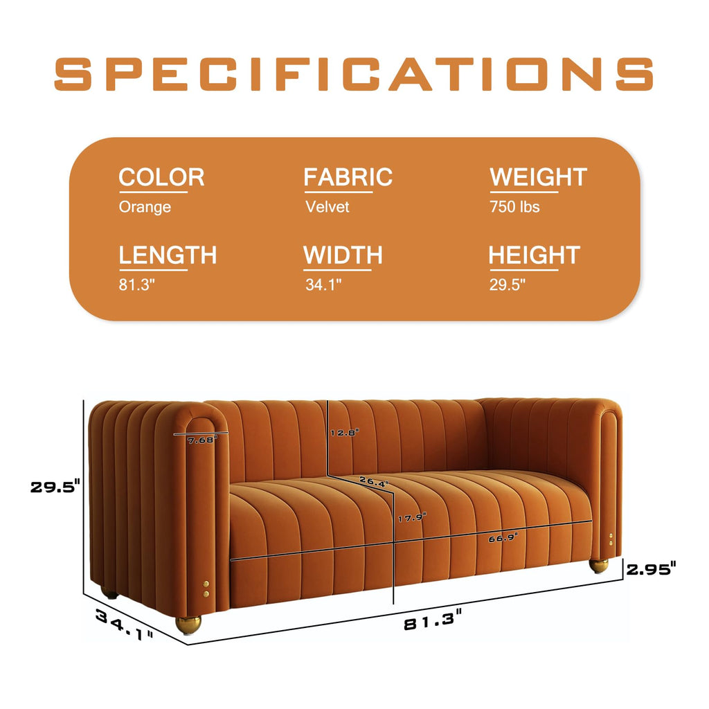 81" Orange Velvet Tufted Sofa 3 Seater with Metal Legs H3814