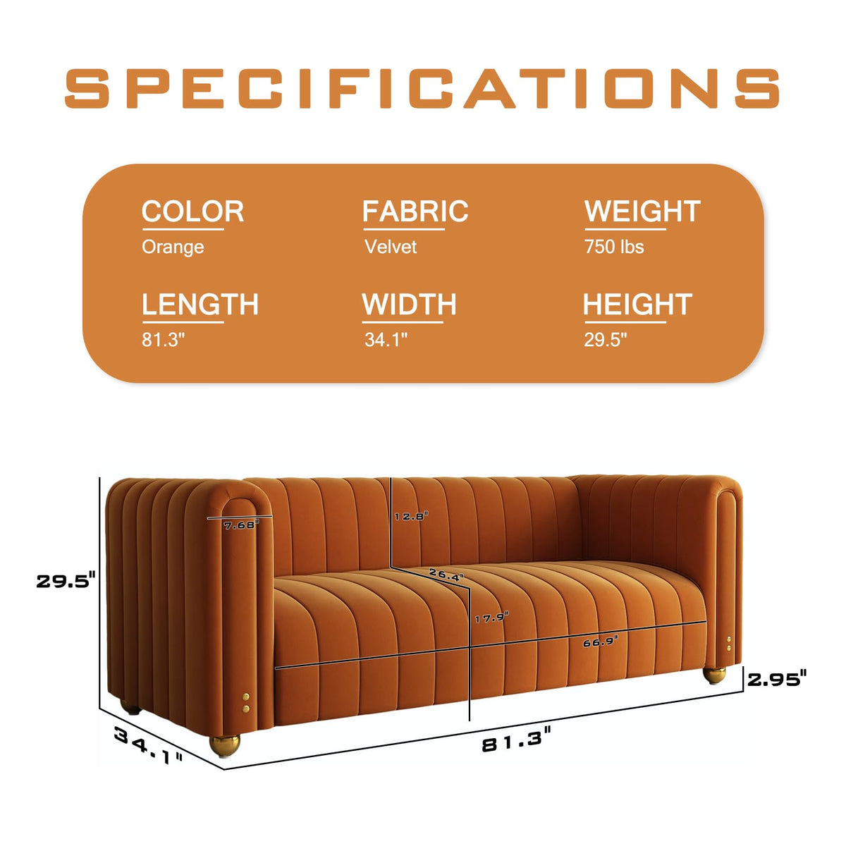81" Orange Velvet Tufted Sofa 3 Seater with Metal Legs H3814