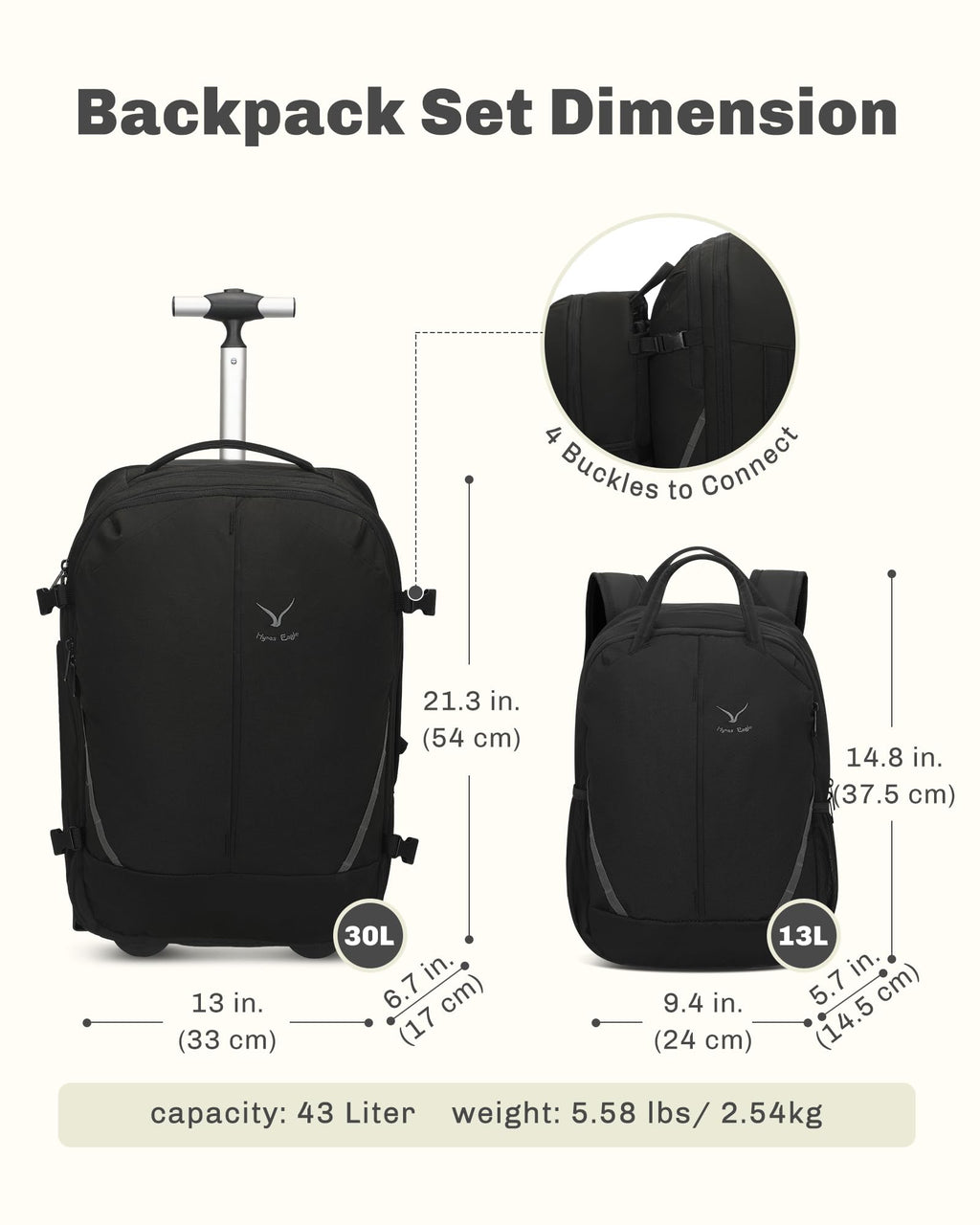 Rolling Backpack with Wheels 43L with Packing Cubes Set J90818
