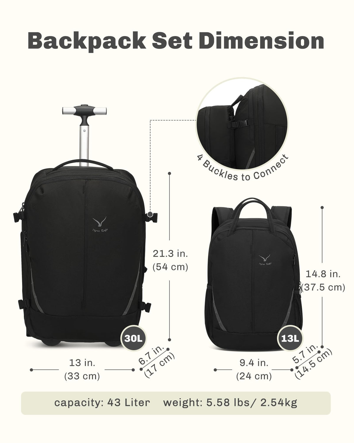 Rolling Backpack with Wheels 43L with Packing Cubes Set J90818