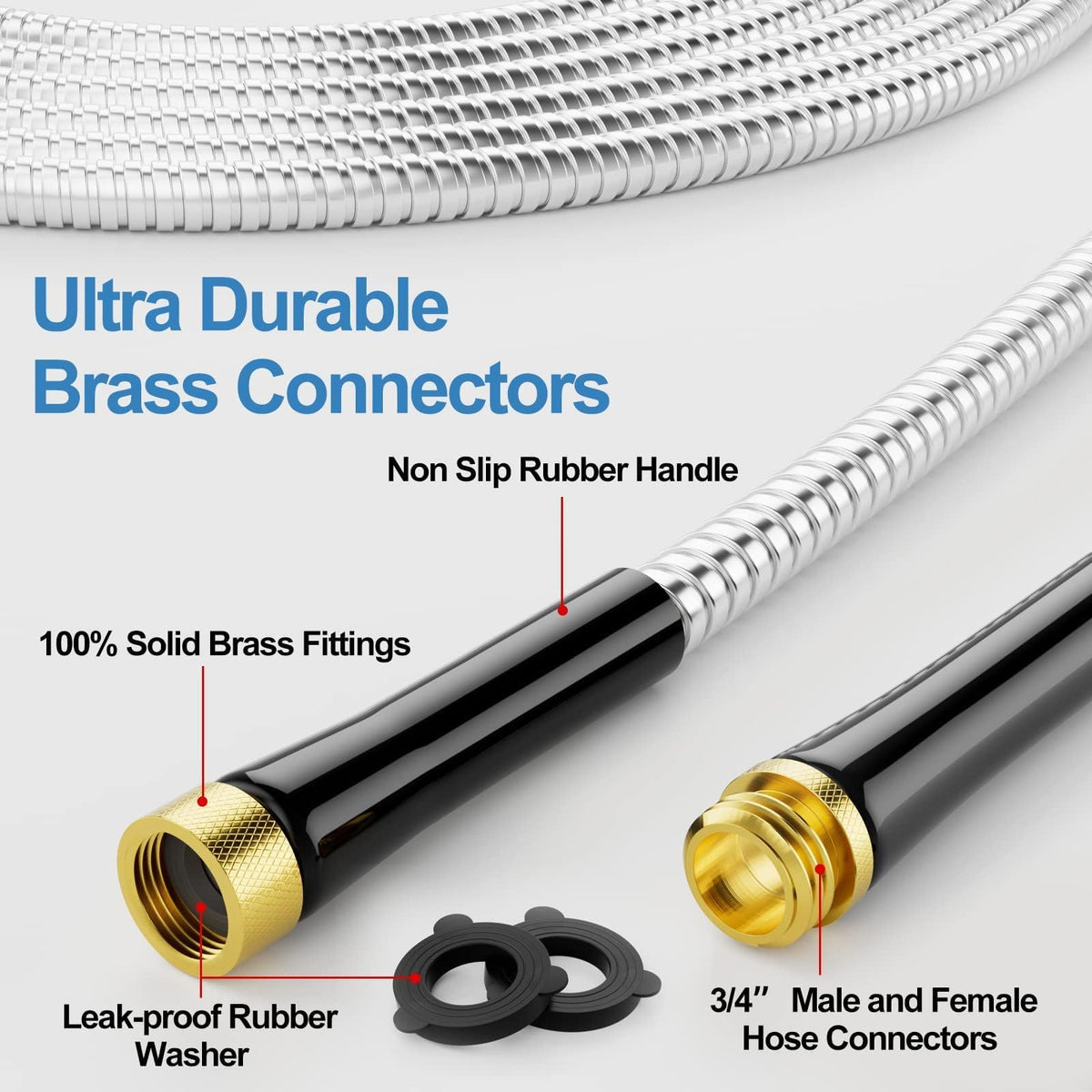100ft 304 Stainless Steel Metal Garden Hose with Rubber Grip D4865
