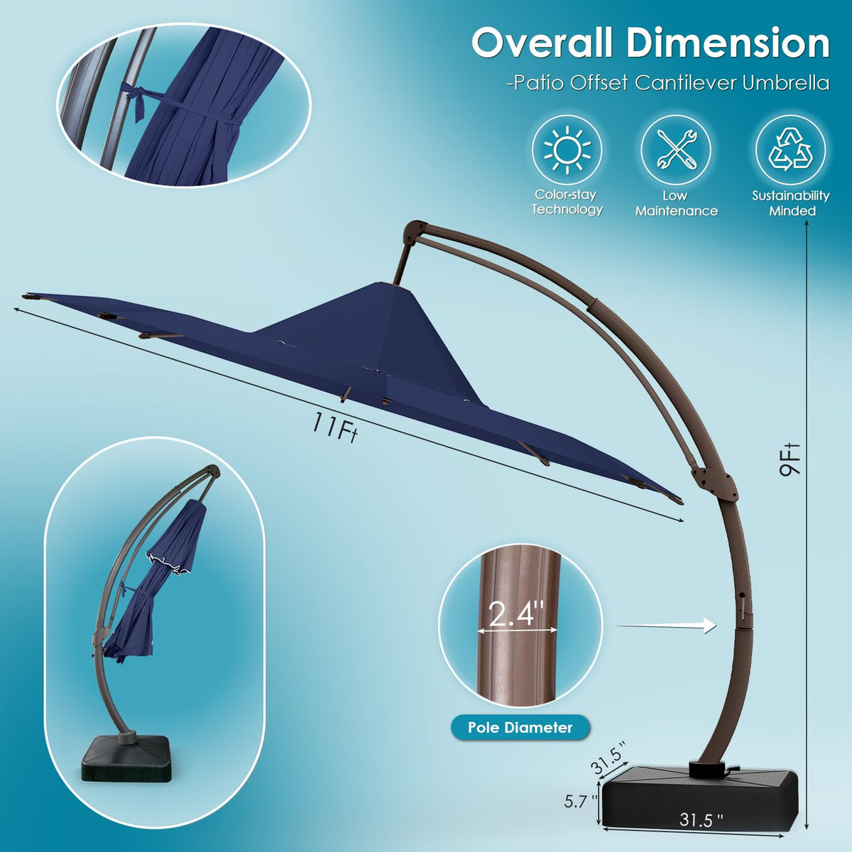 11-FT Patio Offset Cantilever Umbrella with Base R608143