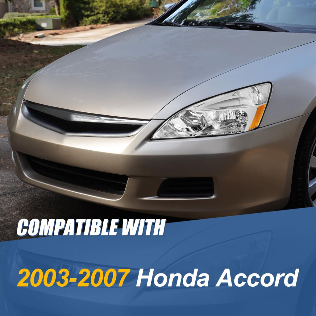Headlights Assembly Compatible with 2003-2007 Honda Accord, Driver and Passenger Side Halogen Headlamps, Chrome Housing Amber Corner P381