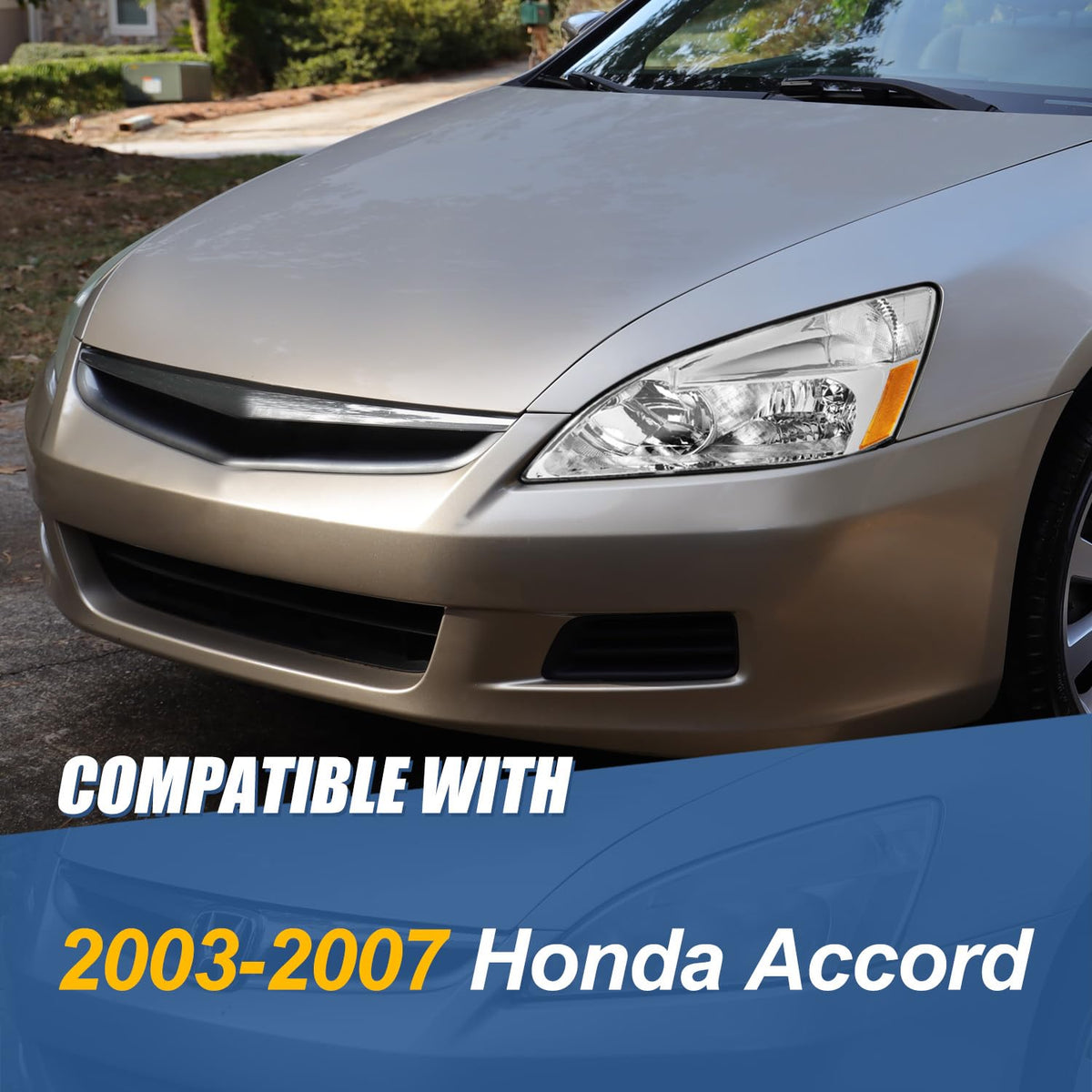 Headlights Assembly Compatible with 2003-2007 Honda Accord, Driver and Passenger Side Halogen Headlamps, Chrome Housing Amber Corner P381