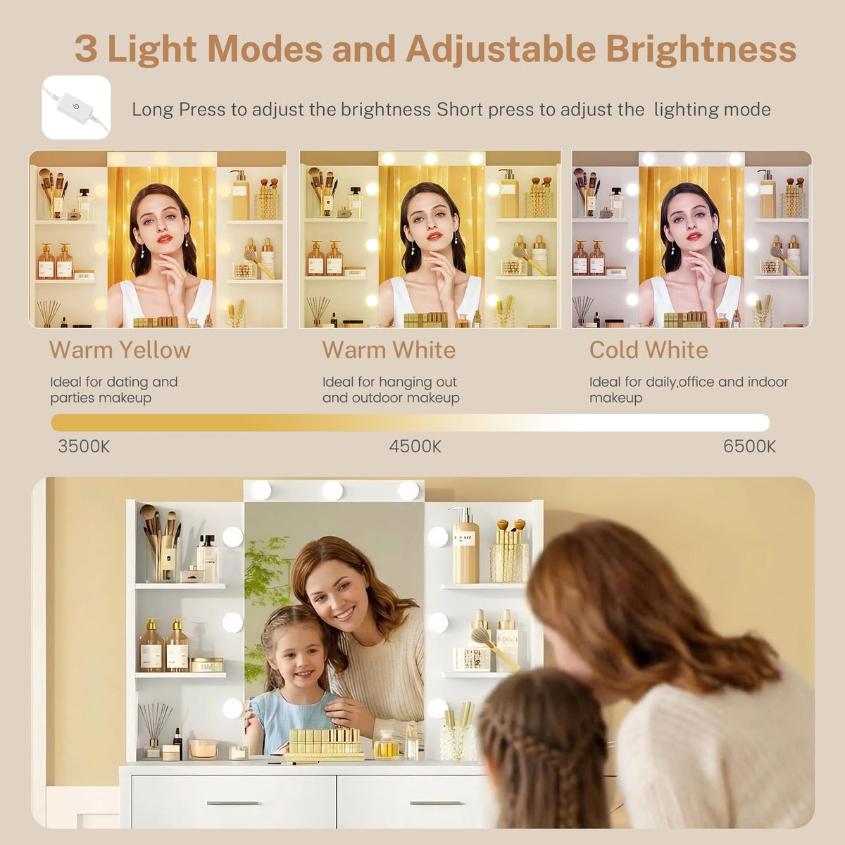 41.3" White Vanity Desk with Mirror and 9 LED Lights G7997