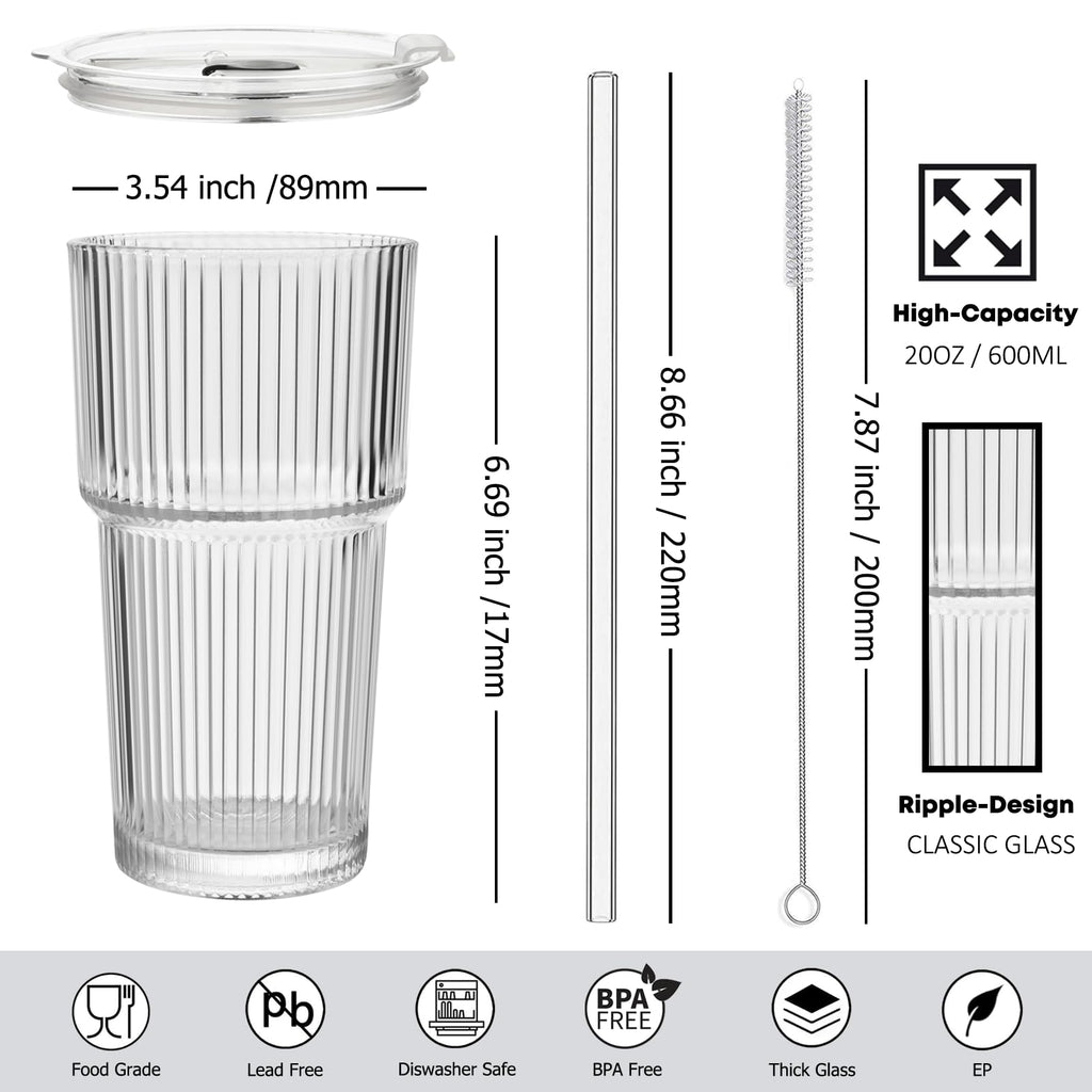 20 oz Ribbed Glass Tumbler with Lids and Straws, Pack of 2 C4117