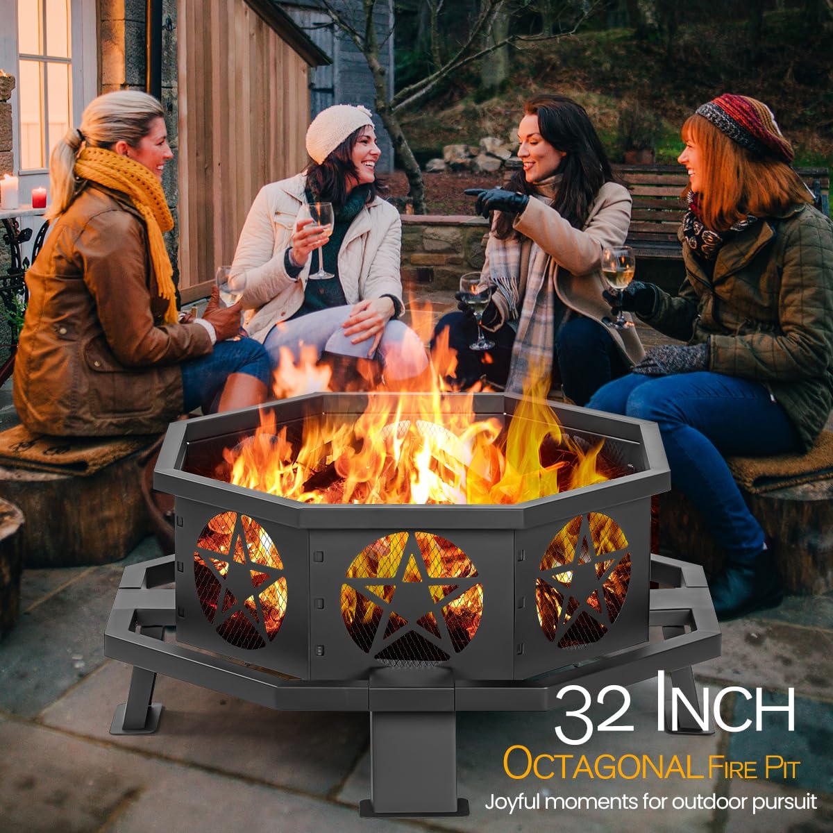 32 Inch Octagonal Fire Pit with Fire Poker Black V555