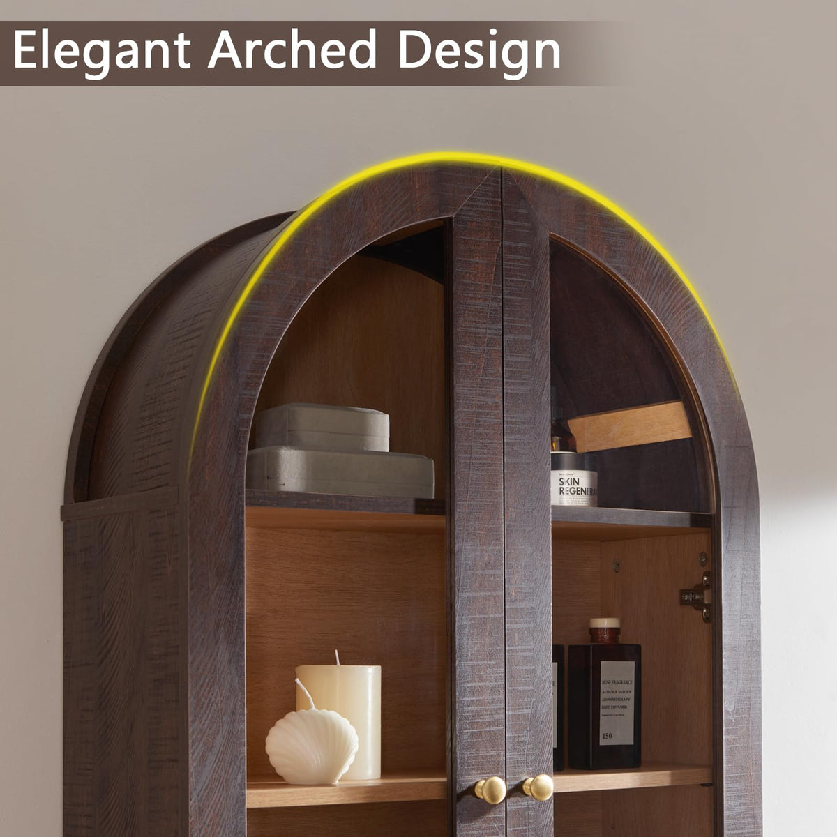Arched Wall Cabinet with Glass Doors & Adjustable Shelves, 23.5×31.4 Inch X66524
