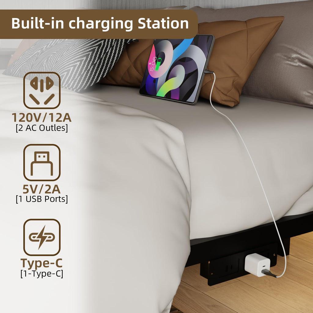 King Size Metal Platform Bed Frame with Charging Station and LED Lights F163734