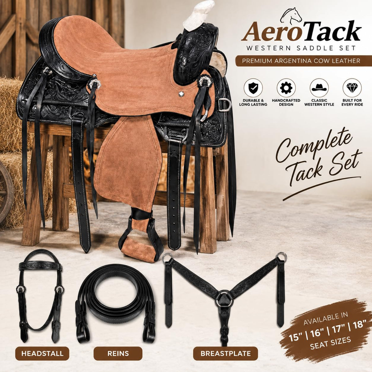 Argentina Cow Leather Saddle Set with Headstall, Reins & Breastplate U7518