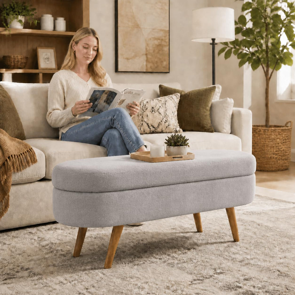 Oval Boucle Storage Ottoman with Wooden Legs S835462