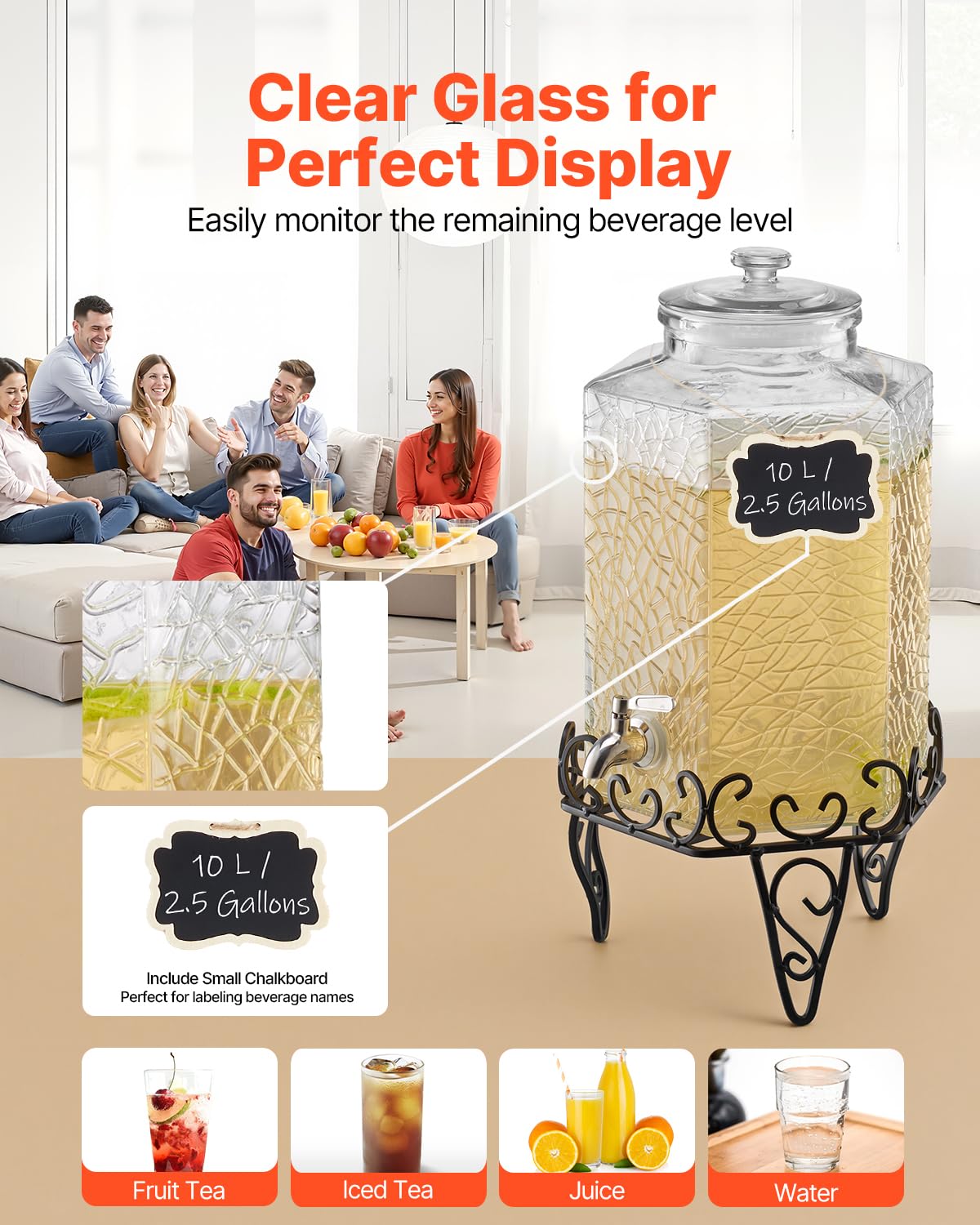 2.5 Gallon Glass Beverage Dispenser with Metal Stand H809
