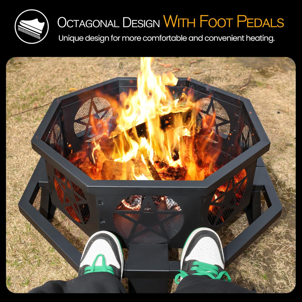 32 Inch Octagonal Fire Pit with Fire Poker Black V555