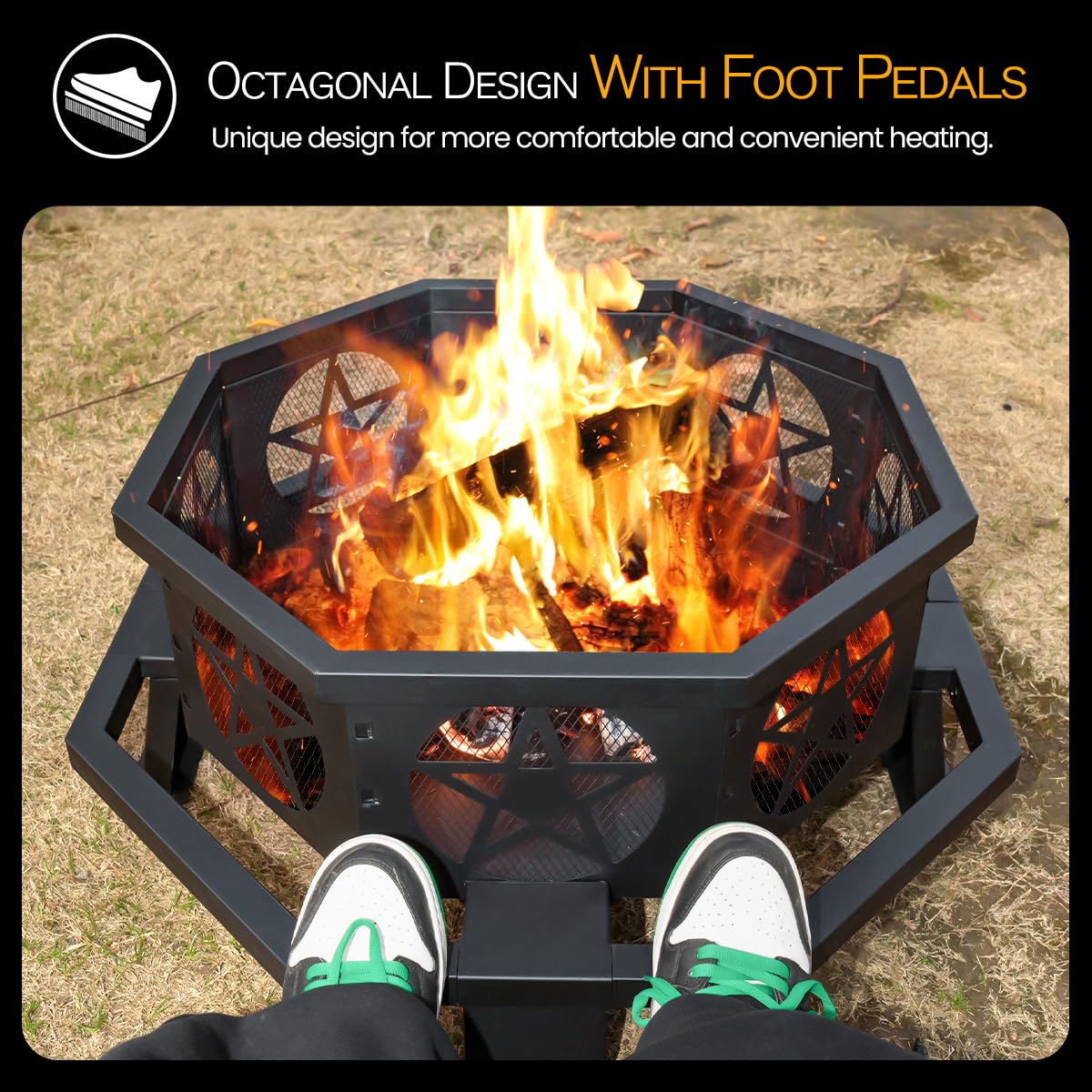 32 Inch Octagonal Fire Pit with Fire Poker Black V555
