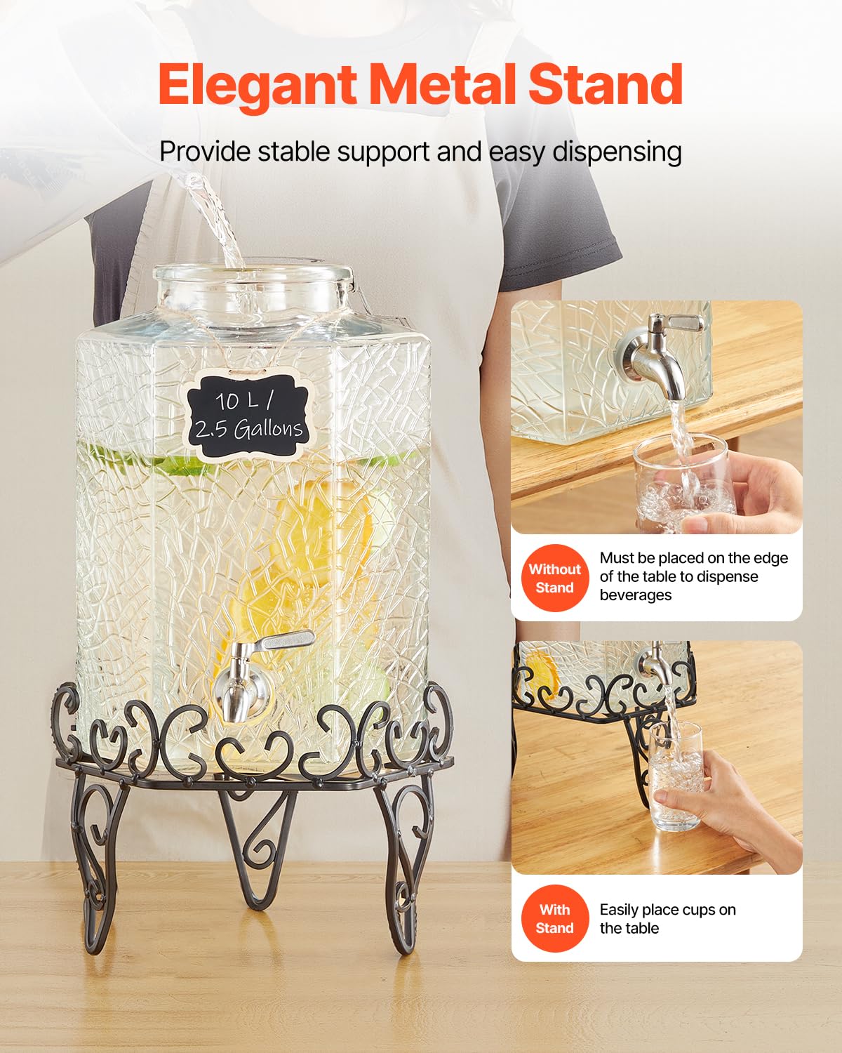 2.5 Gallon Glass Beverage Dispenser with Metal Stand H809