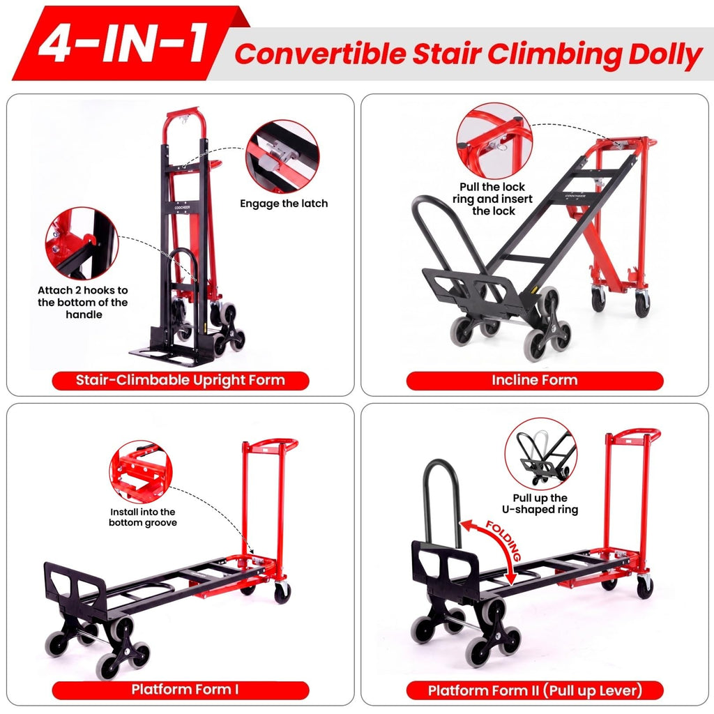 Heavy Duty 1000LBS Stair Climbing Convertible Hand Truck Cart with Solid Wheels H5832