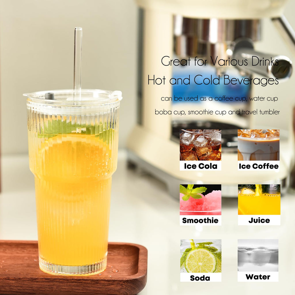 20 oz Ribbed Glass Tumbler with Lids and Straws, Pack of 2 C4117