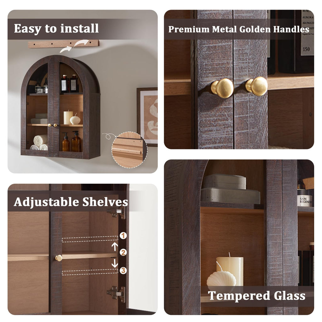 Arched Wall Cabinet with Glass Doors & Adjustable Shelves, 23.5×31.4 Inch X66524