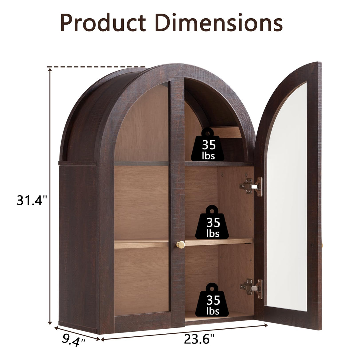 Arched Wall Cabinet with Glass Doors & Adjustable Shelves, 23.5×31.4 Inch X66524