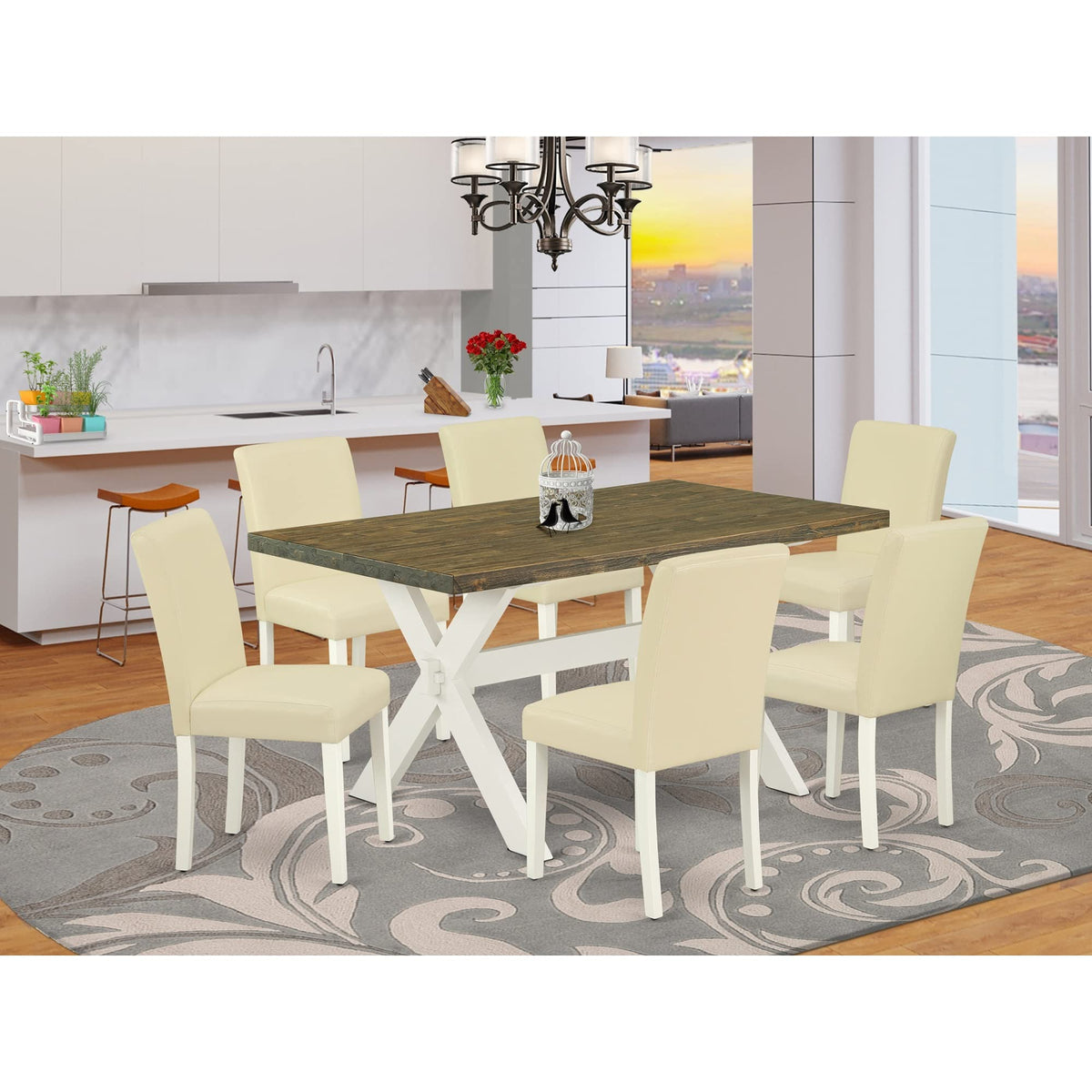 7 Piece Dining Room Table Set with 6 White Faux Leather Chairs L453