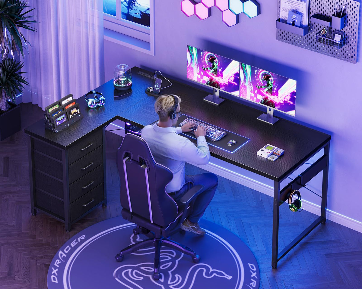 61" L Shaped Gaming Desk with 4 Drawers and Power Outlets, Black X545024