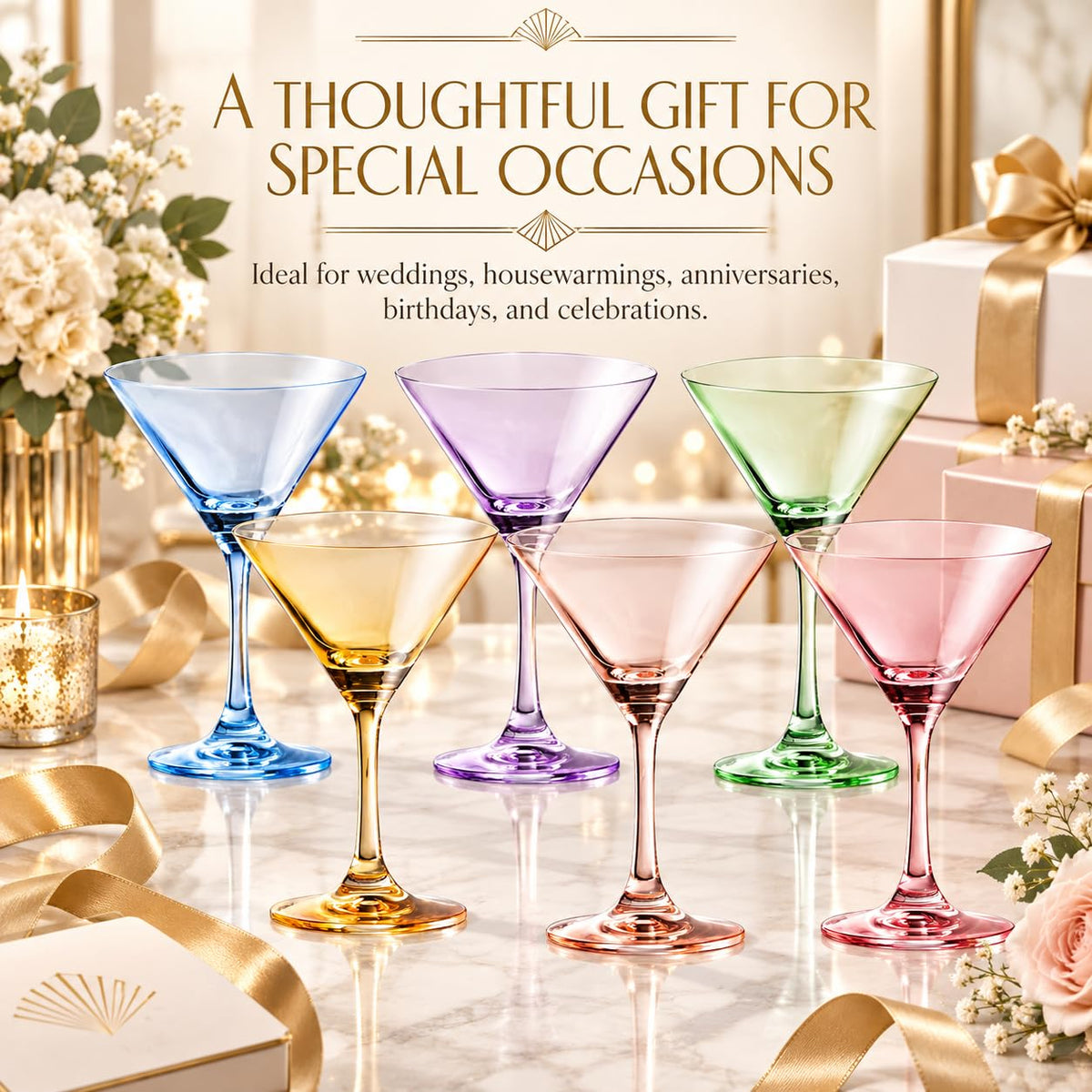 Martini Glasses Set of 6, 8oz Crystal Hand-Blown Colored J557146