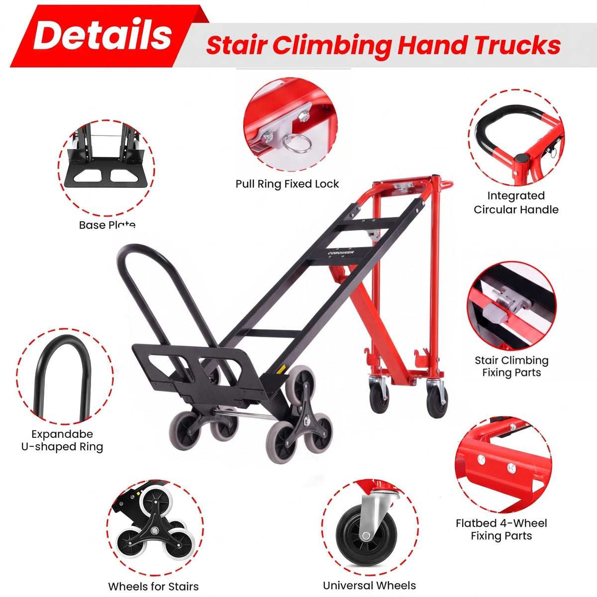 Heavy Duty 1000LBS Stair Climbing Convertible Hand Truck Cart with Solid Wheels H5832