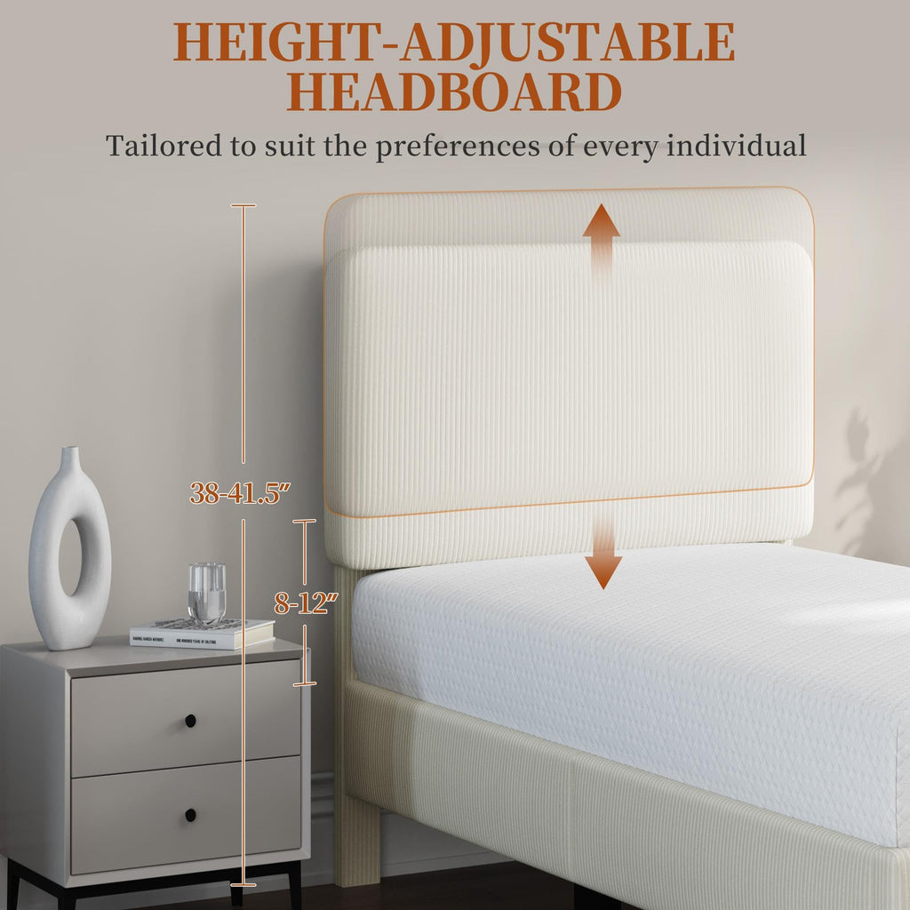 Twin Bed Frame with Adjustable Chenille Upholstered Headboard, Beige F357450