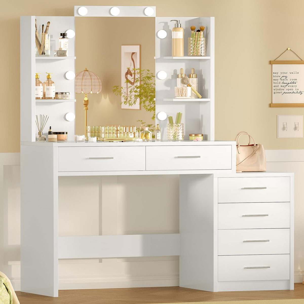 41.3" White Vanity Desk with Mirror and 9 LED Lights G7997