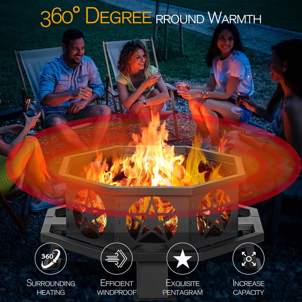 32 Inch Octagonal Fire Pit with Fire Poker Black V555