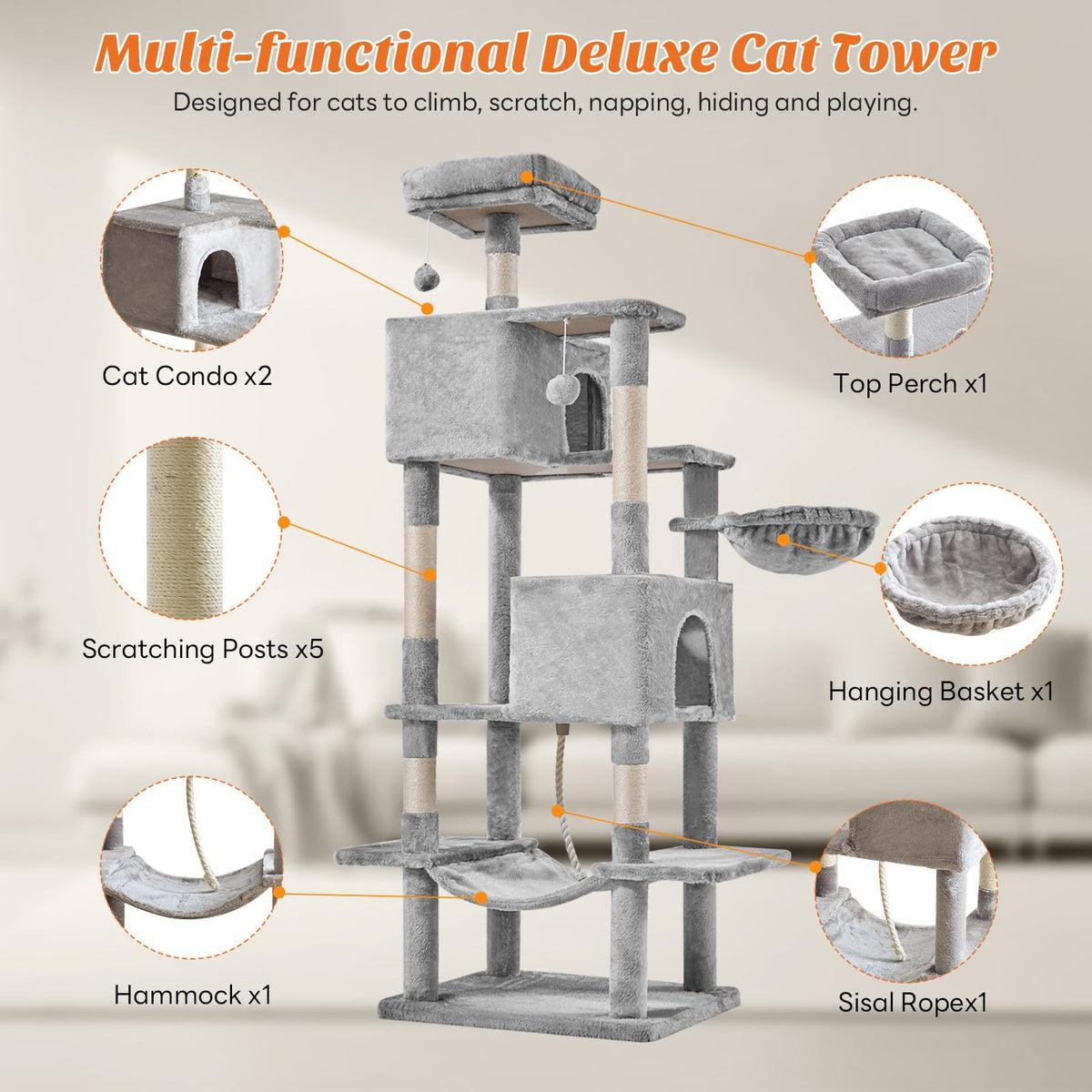 66 Inch Cat Tree Tower with Sisal Scratching Post Z32541