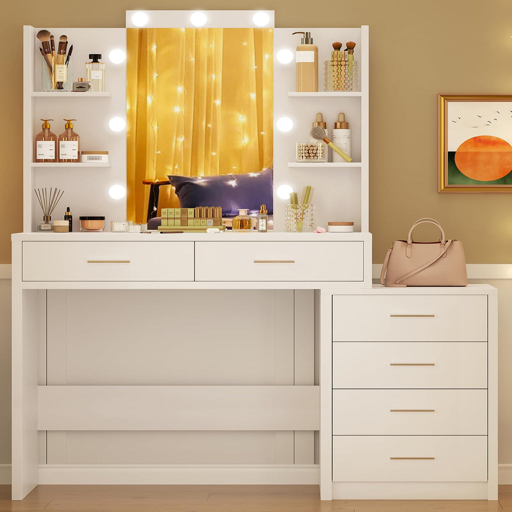 41.3" White Vanity Desk with Mirror and 9 LED Lights G7997