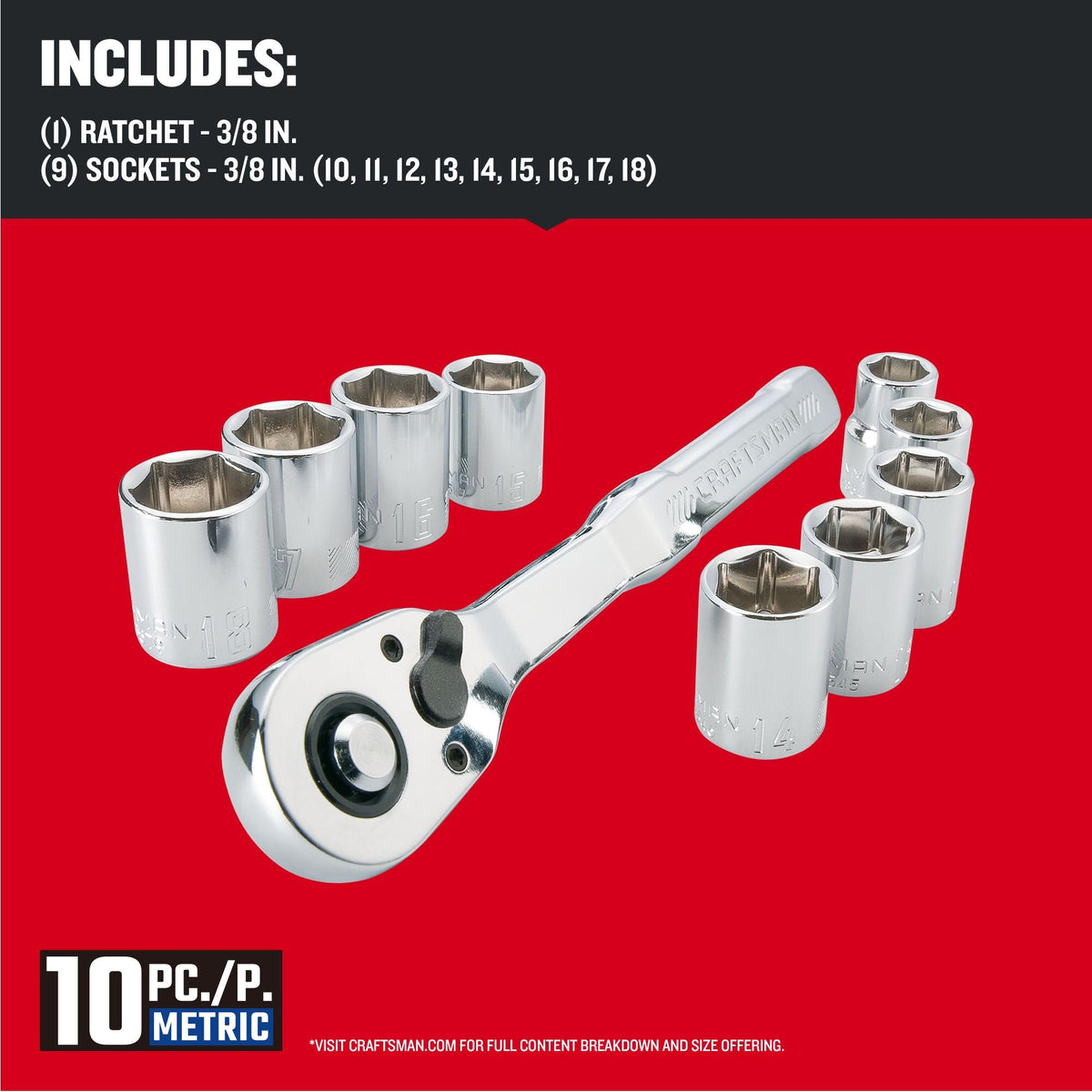 Mechanics Tool Set, Metric, 3/8 Inch Drive, 10 Piece L8398