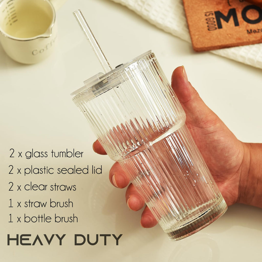 20 oz Ribbed Glass Tumbler with Lids and Straws, Pack of 2 C4117