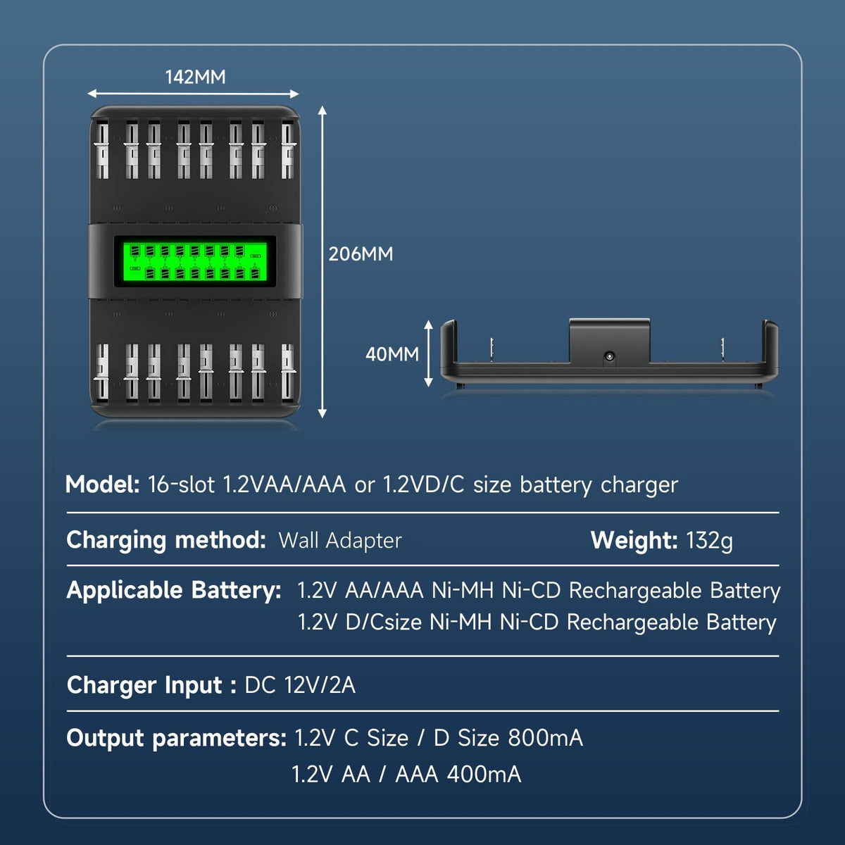 16 Bay Rechargeable Battery Charger with LCD Display V34571