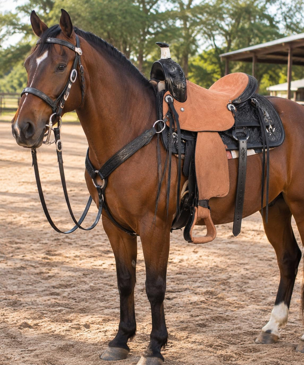 Argentina Cow Leather Saddle Set with Headstall, Reins & Breastplate U7518