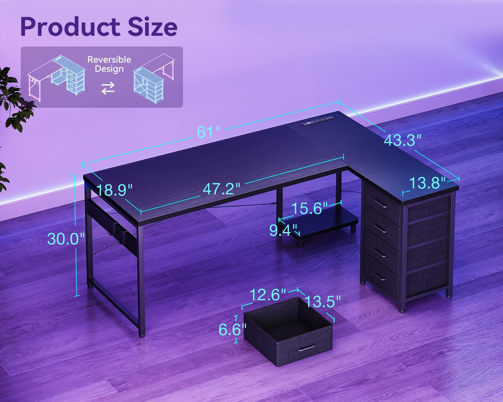 61" L Shaped Gaming Desk with 4 Drawers and Power Outlets, Black X545024