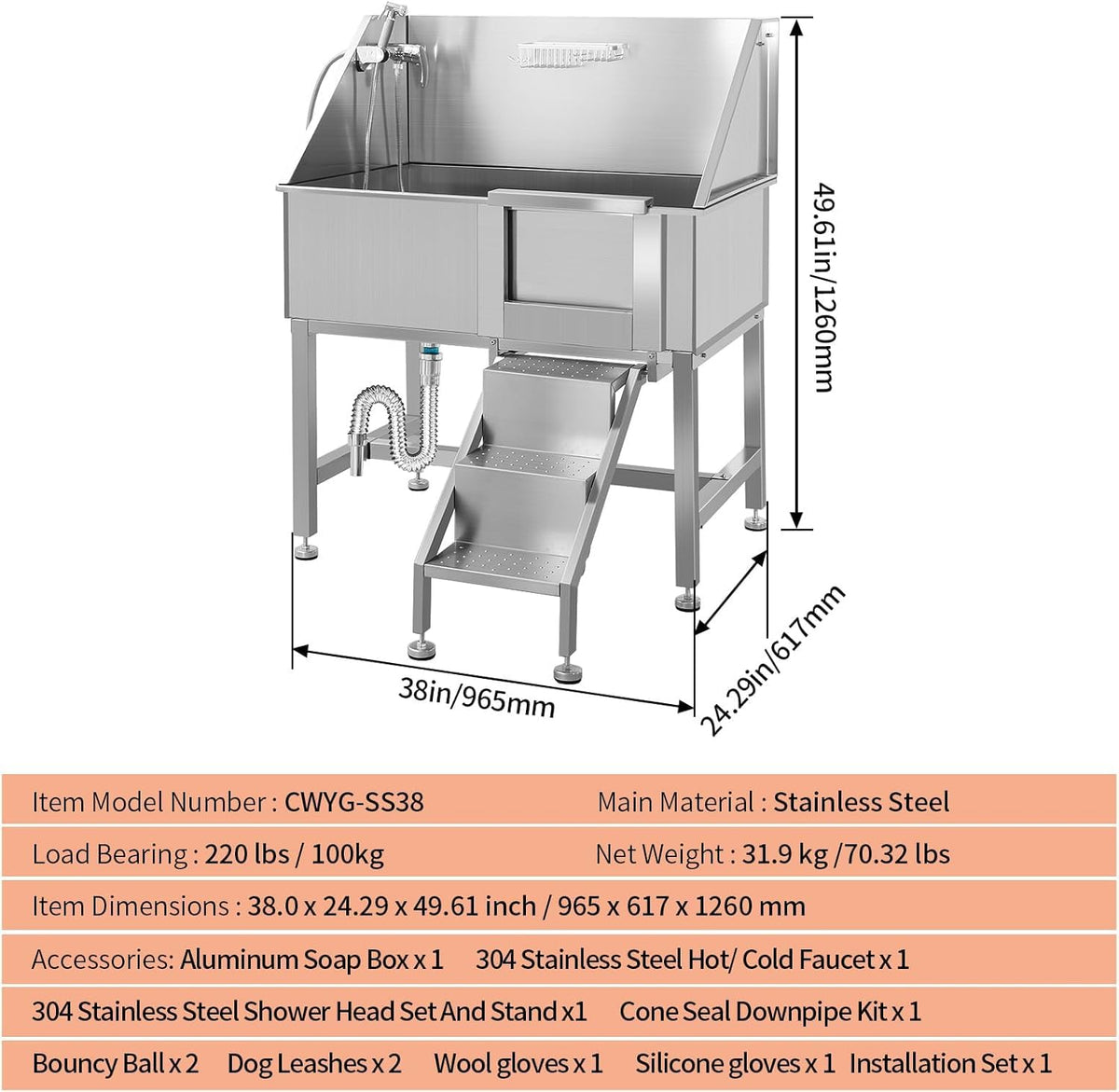 38" Stainless Steel Dog Grooming Tub with Stairs M226